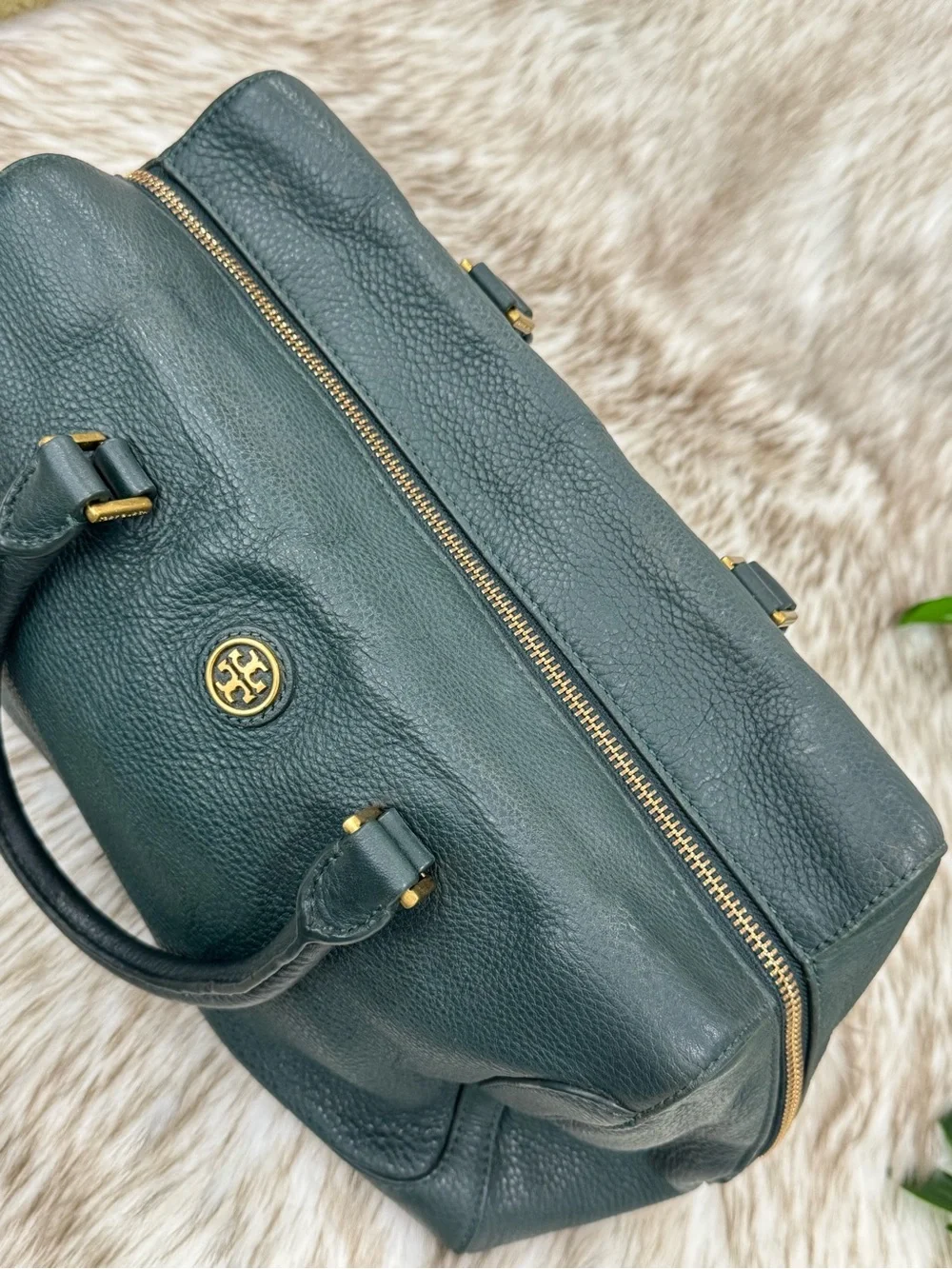 Tory Burch Green Pebbled Leather Satchel with Gold Hardware